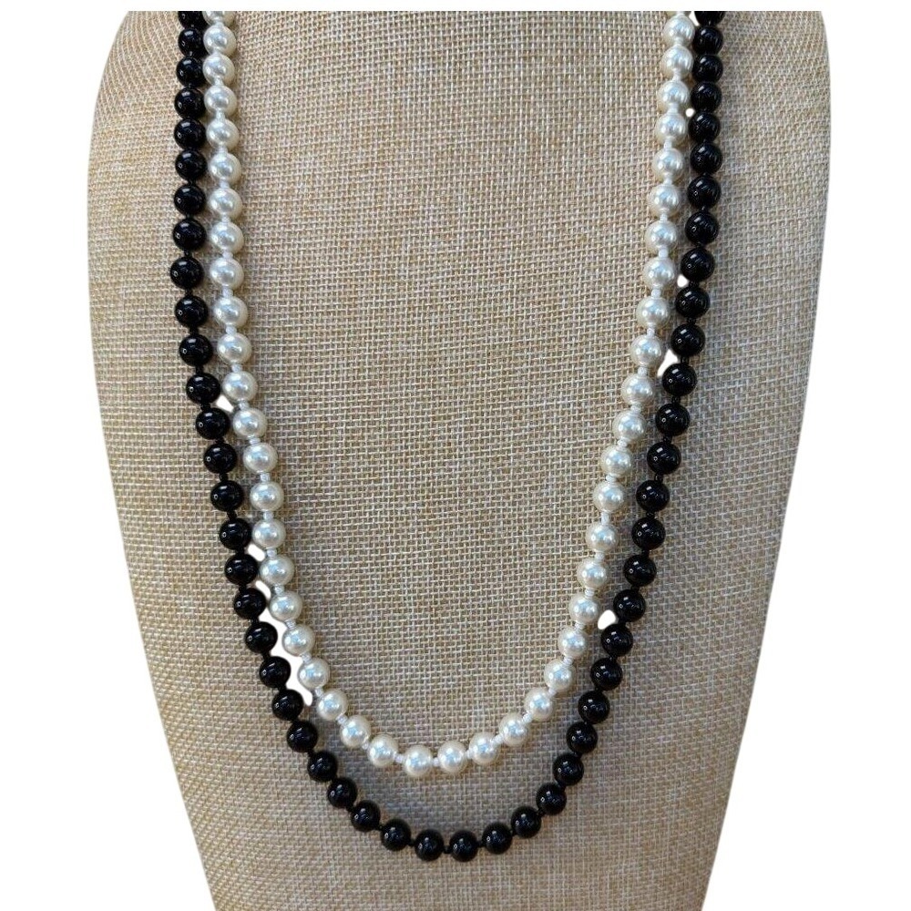 Cookie Lee Black White Glass Pearl Necklace Double Strand Retro 80s Glam Jewelry